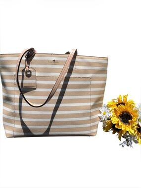 Kate Spade ♠️ New York Striped Beige and White Shopper Tote Bag